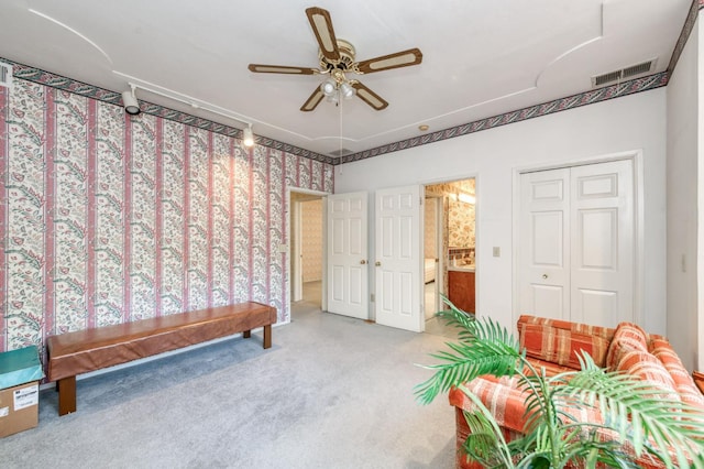 7664 N Kavanagh Ave, Fresno, CA 93711 - sitting room featuring ceiling fan, carpet flooring, and wallpapered walls