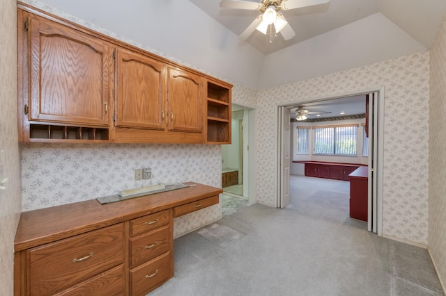 7664 N Kavanagh Ave, Fresno, CA 93711 - unfurnished office with ceiling fan, built in study area, light colored carpet, vaulted ceiling, and wallpapered walls