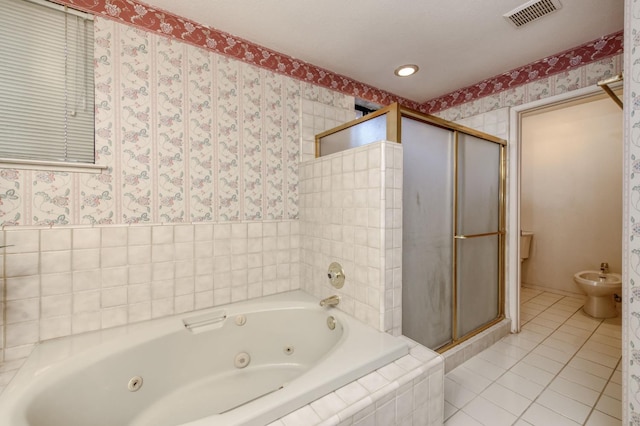 7664 N Kavanagh Ave, Fresno, CA 93711 - bathroom with wallpapered walls, a shower stall, a tub with jets, a bidet, and tile patterned flooring