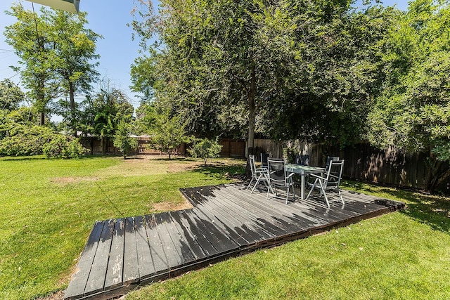 4845 Arcade Ave, Fresno, CA 93704 - fenced backyard featuring a deck and outdoor dining space