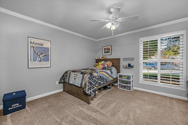 3251 W Magill Ave, Fresno, CA 93711 - carpeted bedroom with ornamental molding, a ceiling fan, and a textured ceiling