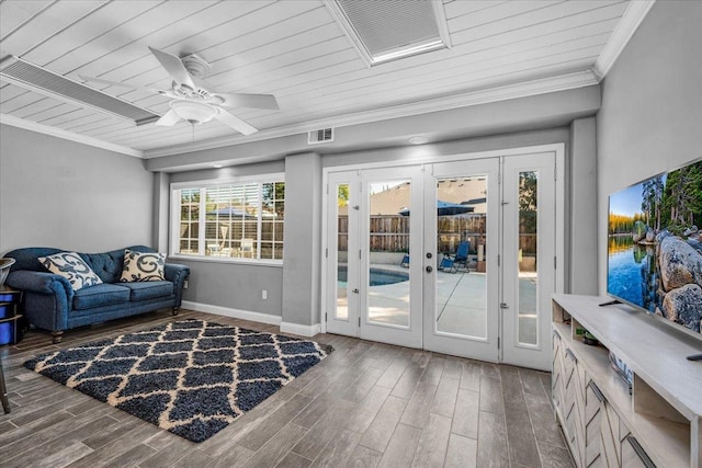 3251 W Magill Ave, Fresno, CA 93711 - living room featuring crown molding, wood finished floors, wooden ceiling, french doors, and a ceiling fan