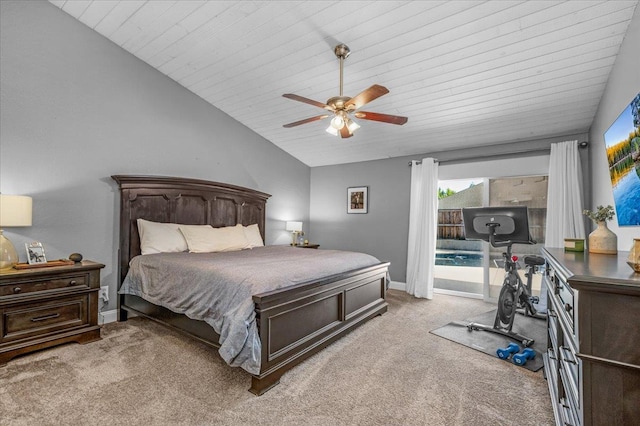 3251 W Magill Ave, Fresno, CA 93711 - bedroom featuring carpet, lofted ceiling, ceiling fan, access to exterior, and wood ceiling