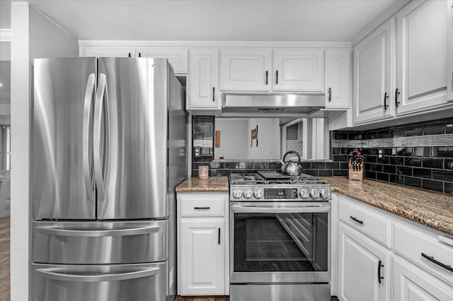 3251 W Magill Ave, Fresno, CA 93711 - kitchen featuring appliances with stainless steel finishes, under cabinet range hood, white cabinets, light stone counters, and tasteful backsplash