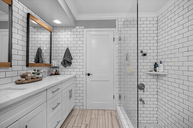 3251 W Magill Ave, Fresno, CA 93711 - bathroom featuring crown molding, double vanity, a stall shower, backsplash, and recessed lighting