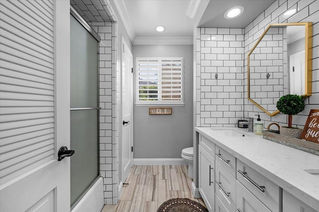 3251 W Magill Ave, Fresno, CA 93711 - full bathroom with crown molding, double vanity, recessed lighting, tasteful backsplash, and wood finished floors