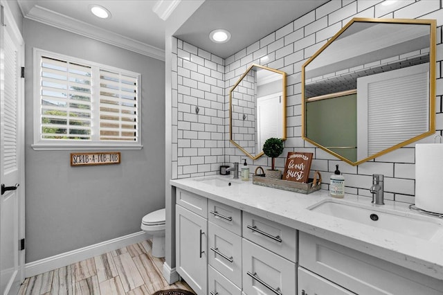 3251 W Magill Ave, Fresno, CA 93711 - full bath with ornamental molding, double vanity, backsplash, an enclosed shower, and recessed lighting