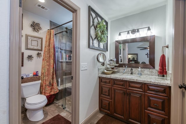 365 Stanford Ave, Clovis, CA 93611 - bathroom featuring a stall shower, vanity, tile patterned floors, and a ceiling fan
