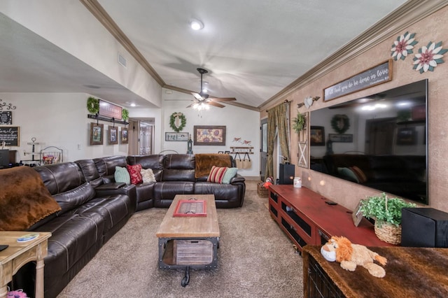 365 Stanford Ave, Clovis, CA 93611 - living room with crown molding, carpet, vaulted ceiling, and ceiling fan