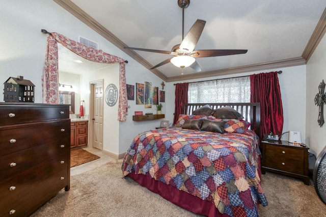 365 Stanford Ave, Clovis, CA 93611 - bedroom featuring ornamental molding, light carpet, vaulted ceiling, ceiling fan, and ensuite bath
