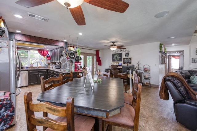 365 Stanford Ave, Clovis, CA 93611 - dining space with a ceiling fan, french doors, recessed lighting, and light tile patterned floors