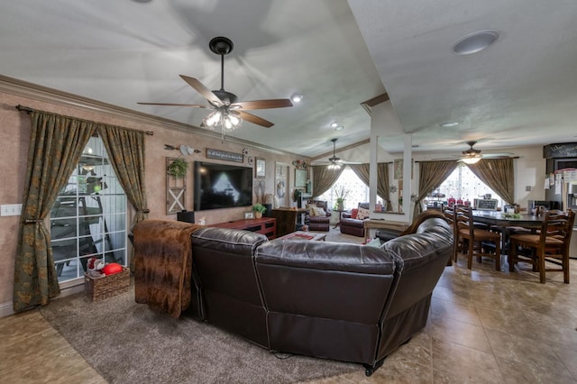 365 Stanford Ave, Clovis, CA 93611 - living room featuring ceiling fan, crown molding, tile patterned floors, and lofted ceiling