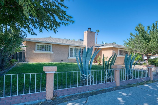 1830 Valeria St, Dos Palos, CA 93620 - single story home with stucco siding, a fenced front yard, a chimney, and crawl space