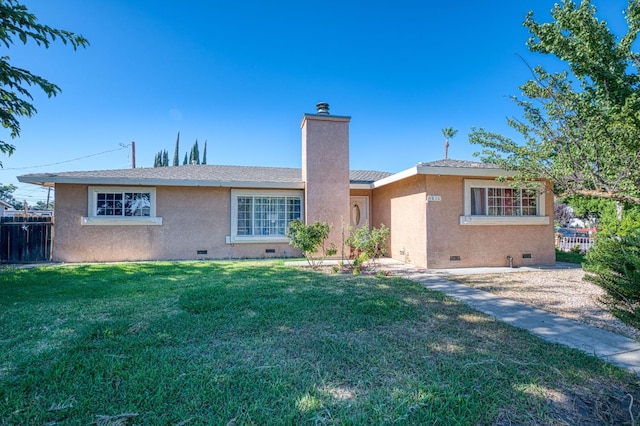 1830 Valeria St, Dos Palos, CA 93620 - view of front facade with crawl space, stucco siding, and a chimney