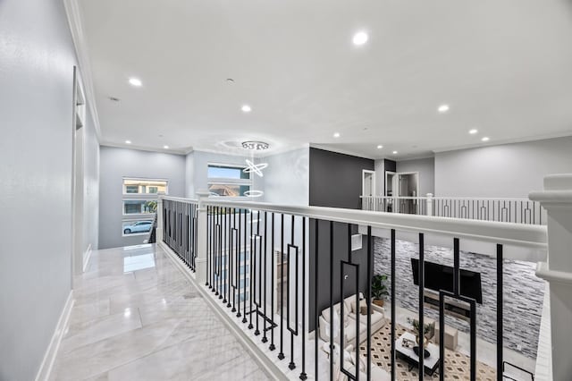 7160 W Dovewood Ln, Fresno, CA 93723 - hallway featuring recessed lighting, crown molding, and an upstairs landing