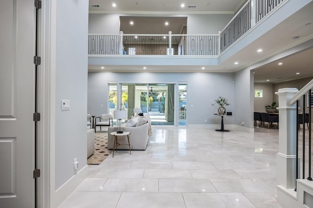 7160 W Dovewood Ln, Fresno, CA 93723 - interior space with a high ceiling, recessed lighting, and crown molding