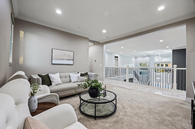 7160 W Dovewood Ln, Fresno, CA 93723 - carpeted living area featuring recessed lighting and crown molding