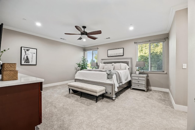 7160 W Dovewood Ln, Fresno, CA 93723 - bedroom with light colored carpet, crown molding, recessed lighting, and ceiling fan