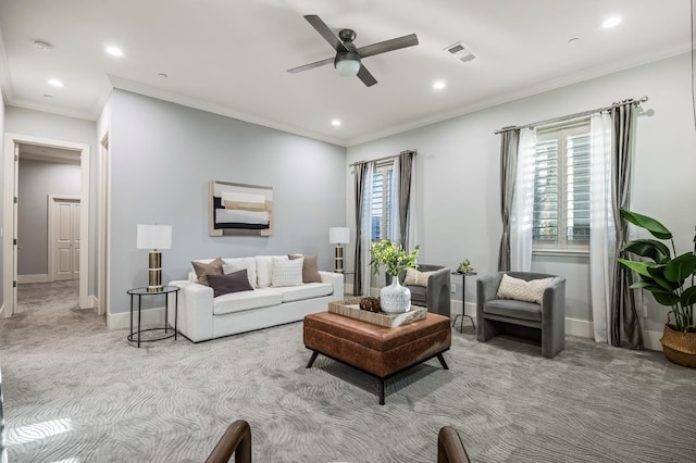 7160 W Dovewood Ln, Fresno, CA 93723 - carpeted living area with ceiling fan, crown molding, and recessed lighting
