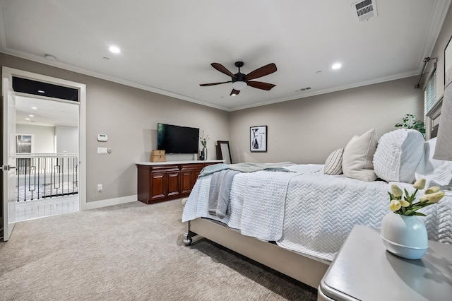 7160 W Dovewood Ln, Fresno, CA 93723 - bedroom with light colored carpet, ornamental molding, recessed lighting, and ceiling fan