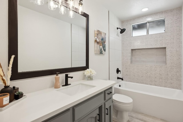 9098 San Gabriel Rd, Atascadero, CA 93422 - bathroom with vanity, shower / washtub combination, wood finished floors, and recessed lighting