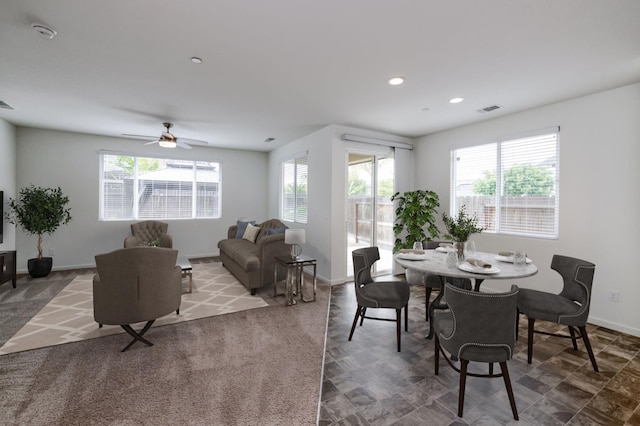 7173 N Shiraz, Fresno, CA 93722 - dining space with healthy amount of natural light, ceiling fan, recessed lighting, and carpet