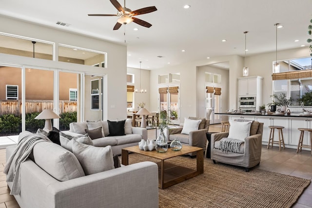 998 Highland Rd W, Madera, CA 93636 - living room featuring a ceiling fan, recessed lighting, and light tile patterned flooring