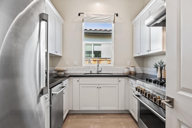 998 Highland Rd W, Madera, CA 93636 - kitchen featuring appliances with stainless steel finishes, ventilation hood, dark countertops, and white cabinetry