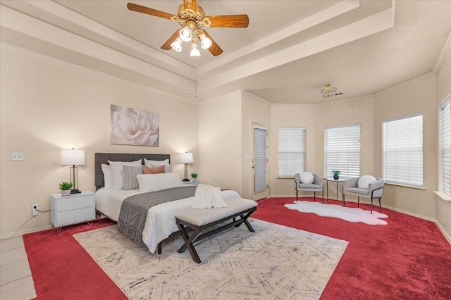 431 S Fowler Ave, Fresno, CA 93727 - carpeted bedroom with a tray ceiling, ceiling fan, and crown molding
