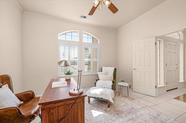 431 S Fowler Ave, Fresno, CA 93727 - office featuring a ceiling fan, ornamental molding, and light tile patterned floors