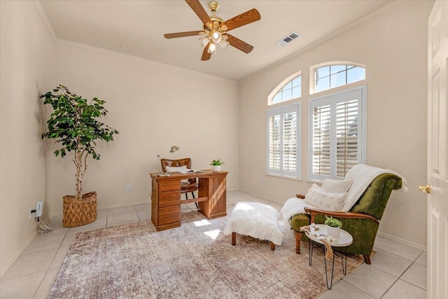 431 S Fowler Ave, Fresno, CA 93727 - living area featuring light tile patterned floors, crown molding, ceiling fan, and a desk