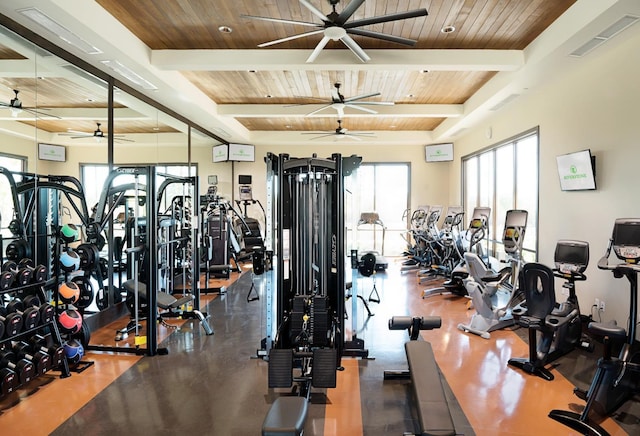 503 Cathedral Ct S, Madera, CA 93636 - exercise room featuring a ceiling fan and a wood ceiling with exposed beams