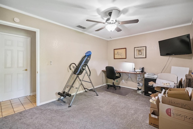 11736 Waverly Rd, Madera, CA 93636 - carpeted office featuring a ceiling fan and ornamental molding