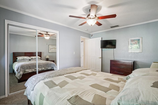 11736 Waverly Rd, Madera, CA 93636 - carpeted bedroom with a closet, crown molding, and ceiling fan