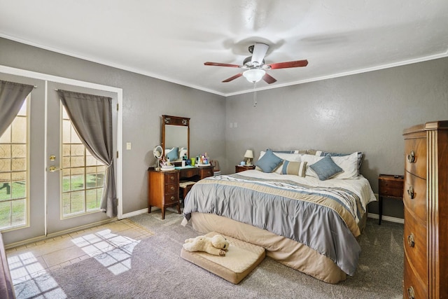 11736 Waverly Rd, Madera, CA 93636 - bedroom featuring ornamental molding, carpet floors, french doors, ceiling fan, and access to exterior