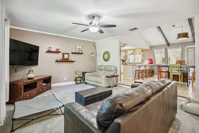11736 Waverly Rd, Madera, CA 93636 - living area featuring ceiling fan, lofted ceiling, and carpet flooring