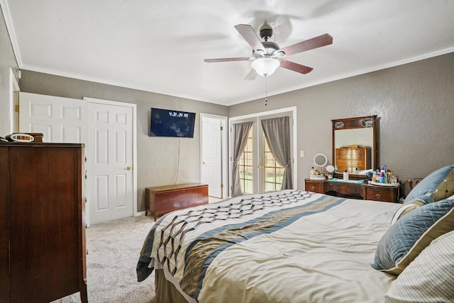 11736 Waverly Rd, Madera, CA 93636 - bedroom with carpet floors, a textured wall, ornamental molding, and a ceiling fan