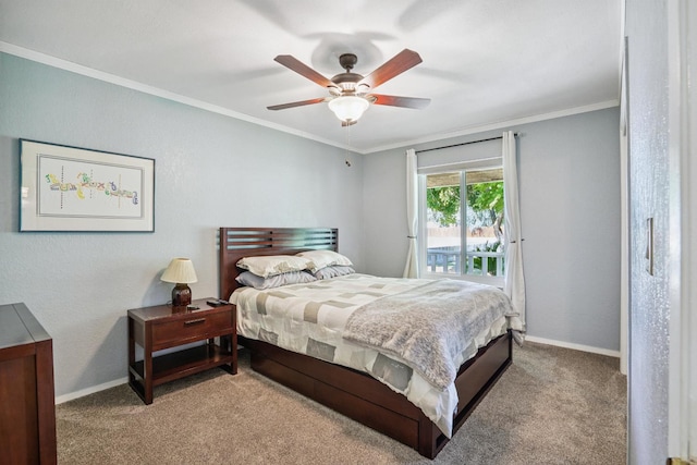 11736 Waverly Rd, Madera, CA 93636 - carpeted bedroom with crown molding, access to outside, and a ceiling fan