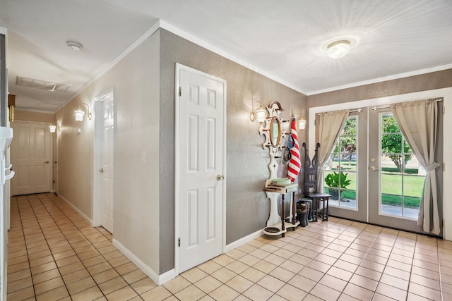 11736 Waverly Rd, Madera, CA 93636 - foyer entrance with crown molding, french doors, light tile patterned floors, and a textured wall