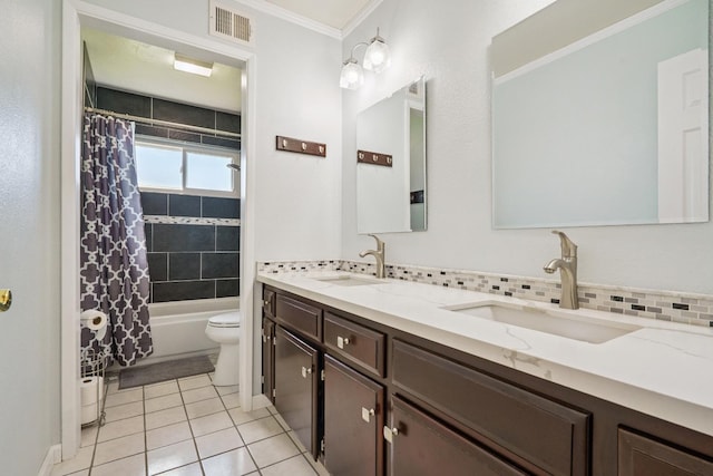 11736 Waverly Rd, Madera, CA 93636 - full bathroom with tile patterned flooring, double vanity, ornamental molding, shower / tub combo with curtain, and tasteful backsplash