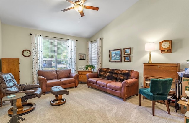 4632 W Minarets Ave, Fresno, CA 93722 - living area with light carpet, ceiling fan, and vaulted ceiling