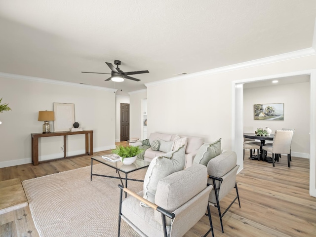 3844 E Holland Ave, Fresno, CA 93726 - living room featuring ornamental molding, a ceiling fan, and light wood-type flooring
