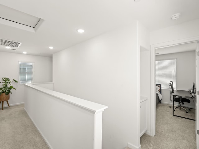 6274 E Riesling Dr, Fresno, CA 93727 - hall featuring an upstairs landing, light carpet, and recessed lighting