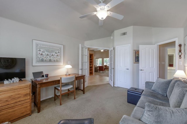 3084 Magnolia Ave, Clovis, CA 93611 - carpeted living area with ceiling fan, a desk, french doors, and lofted ceiling