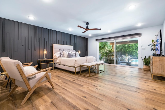 6054 N Kavanagh Ave, Fresno, CA 93711 - bedroom featuring light wood-type flooring, access to exterior, recessed lighting, and ceiling fan