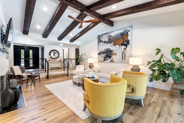 6054 N Kavanagh Ave, Fresno, CA 93711 - living room featuring wood finished floors, ceiling fan, and recessed lighting
