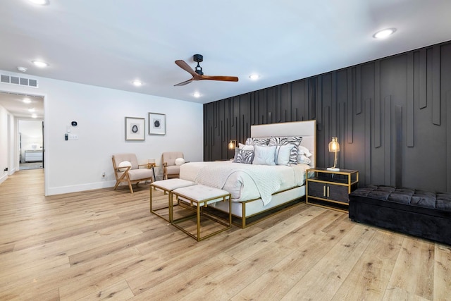 6054 N Kavanagh Ave, Fresno, CA 93711 - bedroom featuring light wood-style flooring, recessed lighting, and a ceiling fan