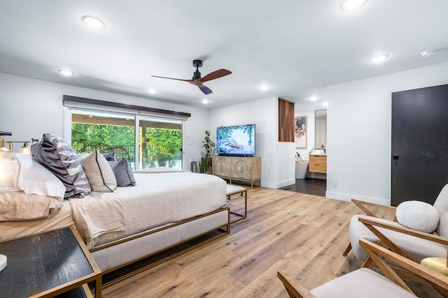 6054 N Kavanagh Ave, Fresno, CA 93711 - bedroom featuring wood finished floors, recessed lighting, ceiling fan, and connected bathroom