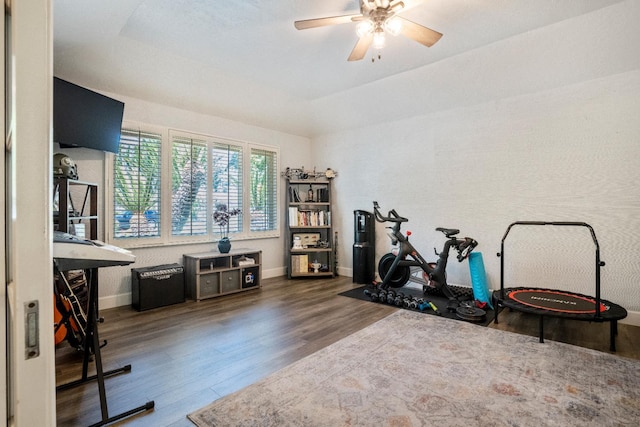 6372 N Benedict Ave, Fresno, CA 93711 - exercise area with wood finished floors, a ceiling fan, and a raised ceiling