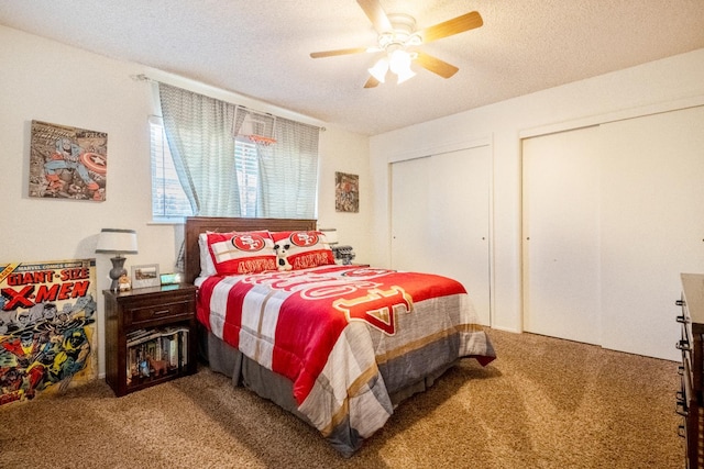 6372 N Benedict Ave, Fresno, CA 93711 - bedroom featuring carpet floors, multiple closets, a textured ceiling, and a ceiling fan